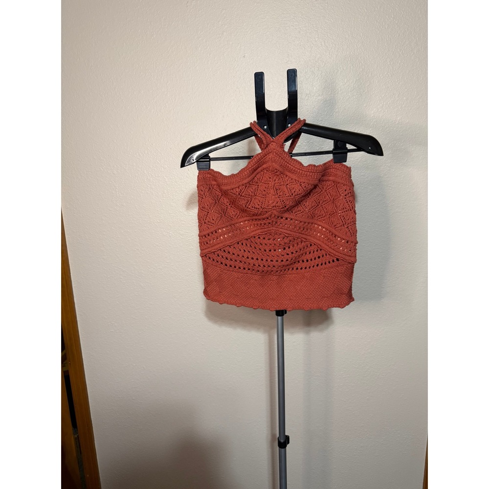 Unbranded Rust Orange Crochet Halter Top Boho Pointelle Knit‎ Festival Crop L